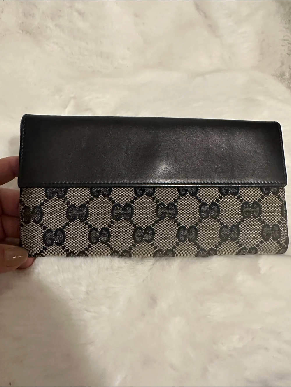 Gucci Black Leather & Beige GG Canvas Long Wallet
